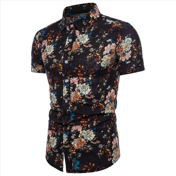 

5xl floral shirts men linen turndown collar slim fit short sleeve new flower printing dress shirts casual camisa masculina, White;black