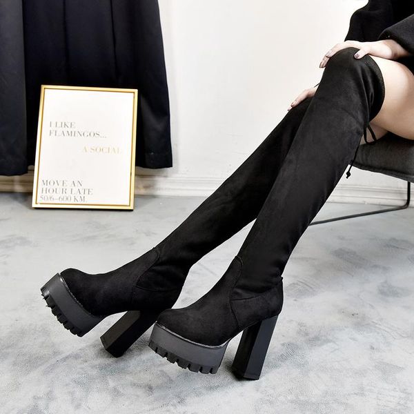 

women boots over knee lace up round toe women's shoes autumn booties ladies winter footwear luxury designer clogs platform, Black