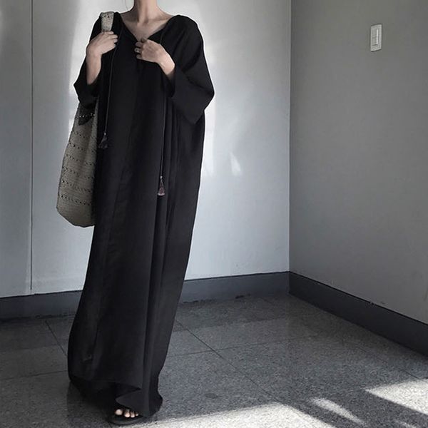 

2021 Female New Korean Chic V-neck Loose Niche Dressed in Long Black Retro Robe Harajuku Long-sleeved Dress Big AM2A, Black;gray
