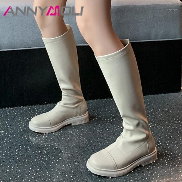 

boots annymoli knee high women shoes real leather flats platform riding slip on stretch long ladies beige size 401, Black