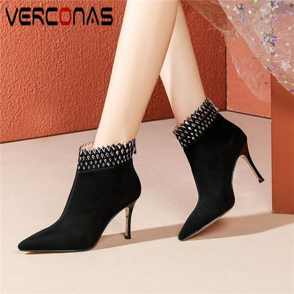 

boots verconas 2021 elegant concise women ankle thin heels kid suede shoes woman office lady pointed toe rhinestone zipper boots1, Black