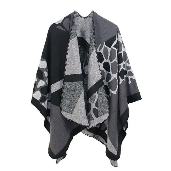 

color block splicing retro style jackets women woman's winter oversized blanket cape female warm wraps shawl cardigans, Black;brown