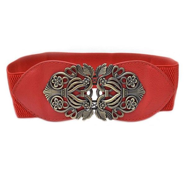 

women's retro flower elastic stretch buckle wide waist belt waistband, Black;brown