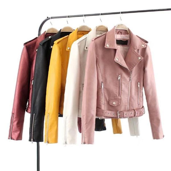 

women's leather & faux 2021 fashion women autumn winter black jackets zipper basic coat turn-down collar biker jacket with blet1