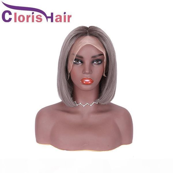 

dark roots grey short bob wig 150% density pixie cut straight brazilian human hair lace front wigs for black women glueless gray ombre wig, Black;brown