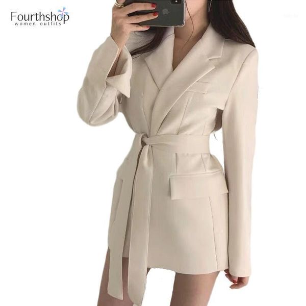 

2020 autumn winter fashion blazers and jackets women long suit jacket black blazer female cape female clothes with sashes1, White;black
