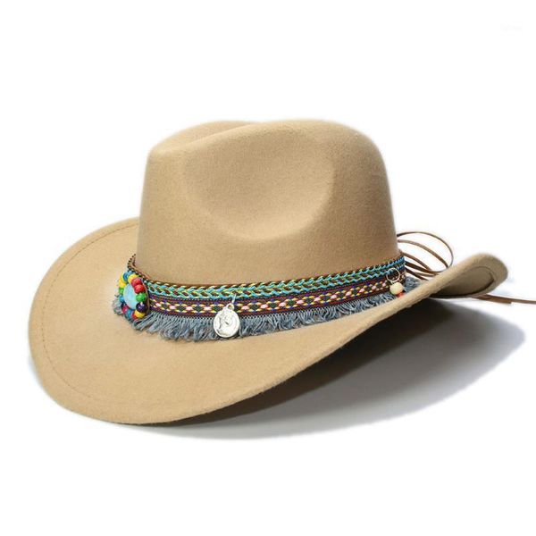 

luckylianji women's men's unisex's vintage wool felt cowboy wide brim bowler hat tassel turquoise braid band (57cm)1, Blue;gray