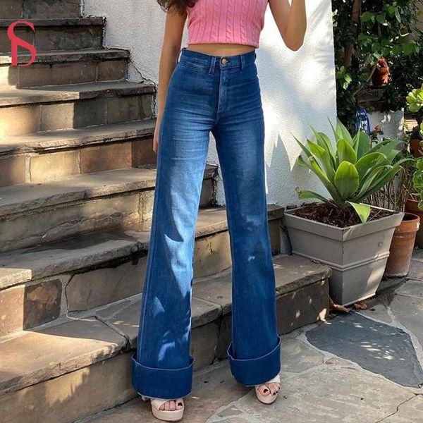 

women's jeans double stawberry fall/winter 2021 retro hemming high waist slim fashion wide leg pants trousers, Blue