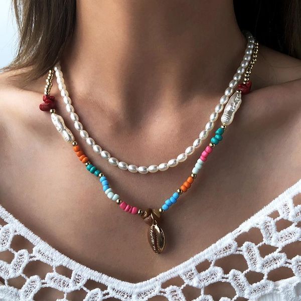 

chains baroque pearl necklace for women bohemia natural resin beads chain choker vintage shell pedant jewelry, Silver
