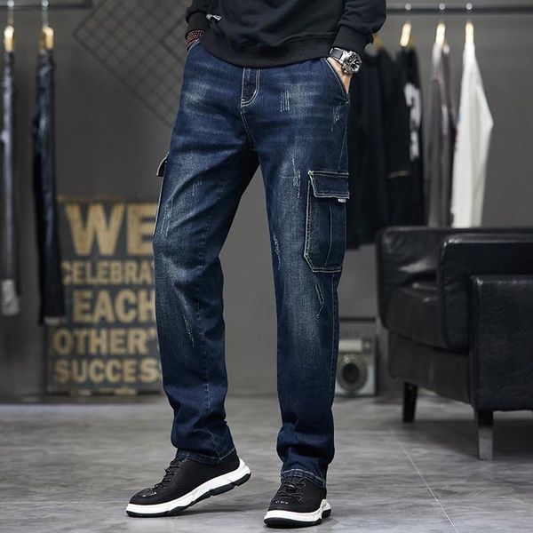 

idopy men`s cargo jeans fashion multi pockets work blue vintage ripped distressed denim pants for male plus size kg-901