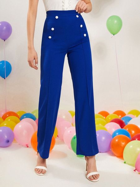 

double button detail straight leg pants l1kf#, Black;white