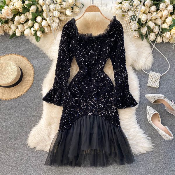 

2021 female singiny glowing sequins dressed in square collar enlargement thin the line fancy fashion crochet frilly short party dress an0y, Black;gray