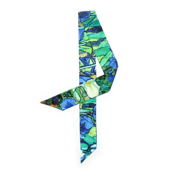 

2019 new design oil painting handle bag scarves skinny silk hair band headband scarf women multi function head scarf kerchief wmtpor, Blue;gray