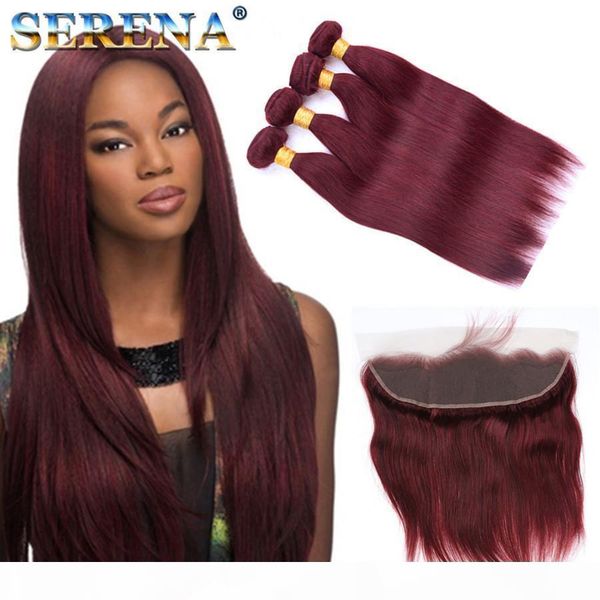

2018 unprocessed 99j hair bundles with 13x4 frontal #99j malaysian straight human hair 4 bundles with lace closure 5pcs lot, Black;brown