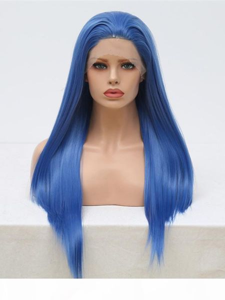 

aimeya royal blue synthetic lace front wigs part long straight wig for women glueless heat resistant fiber hair wigs, Black