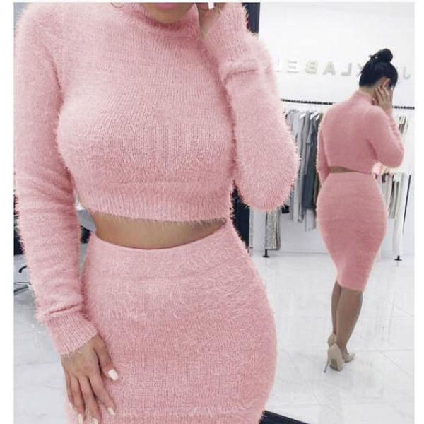 

two piece set women sweater +pencil skirt suit long sleeve fleece crop bodycon skirt 2 pieces set women knitted tracksuit1, White