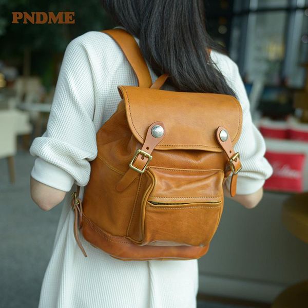 

outdoor bags pndme luxury genuine leather ladies small backpack designer fashion vintage cowhide travel cute women's bagpack