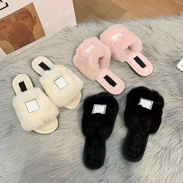 

fashion new women home outside slippers faux fur flats female slides furry flip fop warm shoes, Black