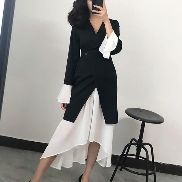 

ewq] 2021 summer celebrity temperament female dress fashion korea full sleeve v neck patchwork irregular button black dresses, Black;gray