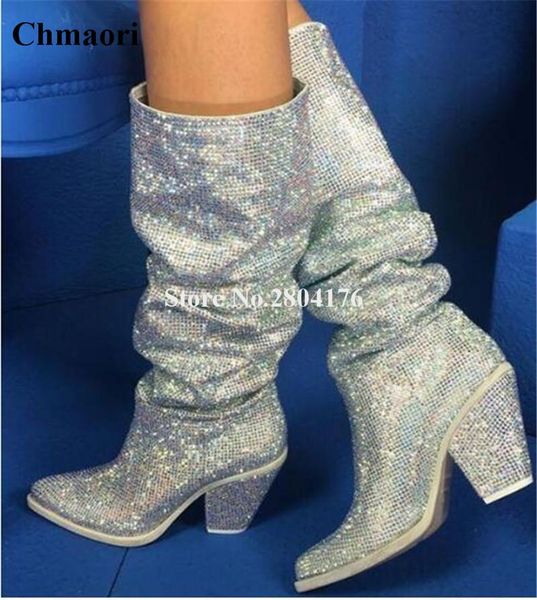 

new design pointed toe bling bling rhinestone knee high spike heel boots luxury crystal long high heel boots nightclub shoes, Black