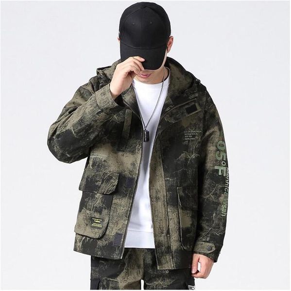 

spring 2020 men's casual japanese cotton hooded work jacket youth trend camouflage loose jacket men's fashion print work1, Black;brown