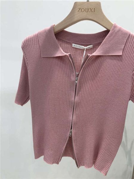 

shake sixone 61 2020 new qiurou style polo collar zipper slim fit short sleeve t-shirt for women, Black;gray