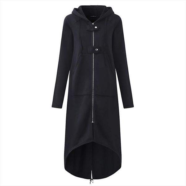 

2020 autumn female hooded sweatshirt zipper up slit back long sleeve loose solid asymmetrical women fleece hoodies coats, Black