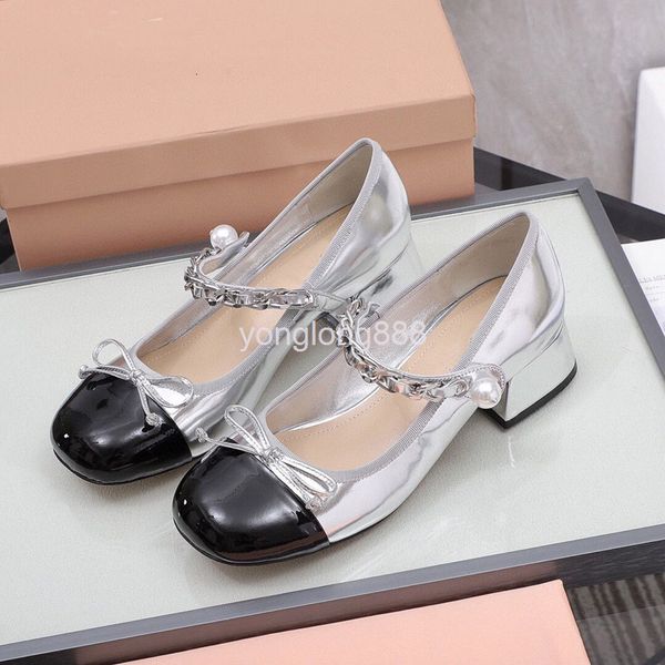 

dress shoes spring and summer one line pearl chain single shoes square head color matching thick heel bow mary jane, Black