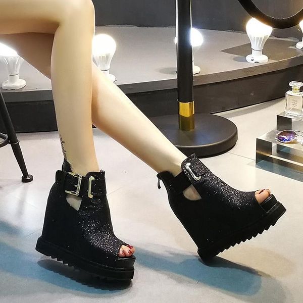 

sandals 202 spring platform shoes with increased slope heel fish mouth female super high non-slip, Black