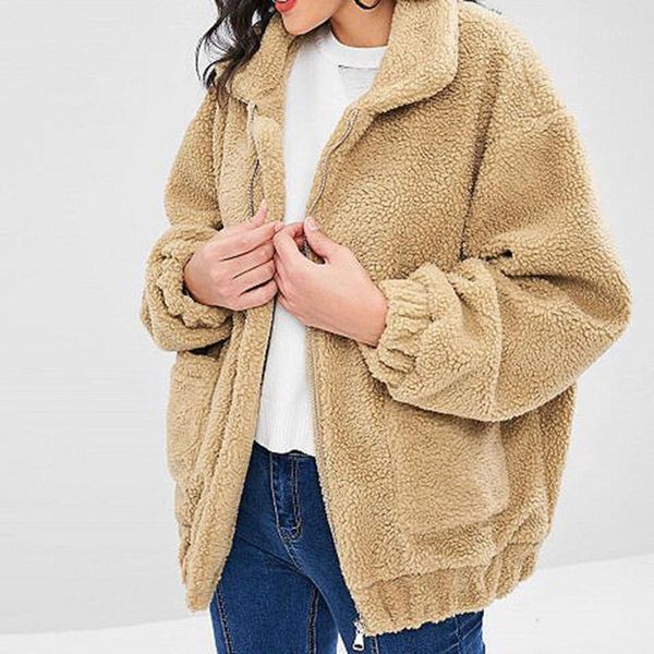 

women coat 2020 autumn winter streetwear faux fur jacket coat warm zipper female plush overcoat casual teddy outwear sweatshirt1, Black;brown