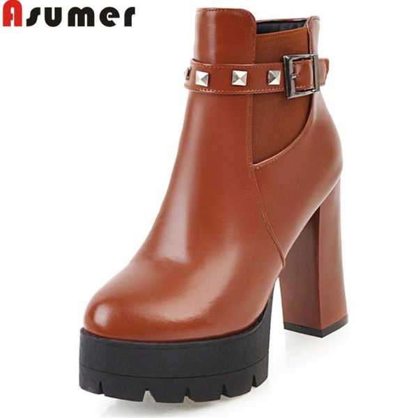 

boots asumer 2021 autumn winter arrive women round toe zipper buckle ladies platform square heel rivet ankle, Black