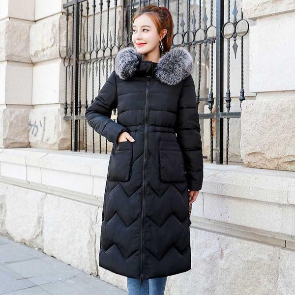

2019 winter long down coat for women plus size 3xl both sides can be worn cotton down jacket hooded with fur collar large size1, Black