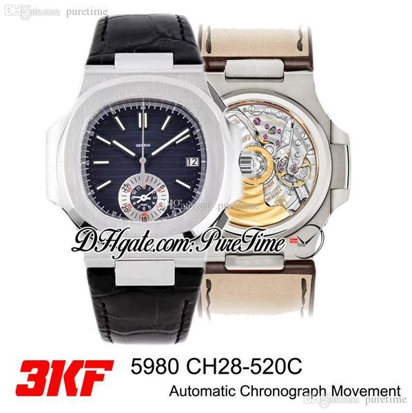 Neue 3KF 5980 CH28-520C Automatik-Chronograph-Herrenuhr, Stahl, D-Blue-Textur-Zifferblatt, schwarzes Leder, Best Edition-Stoppuhr Puretime PTPP A1