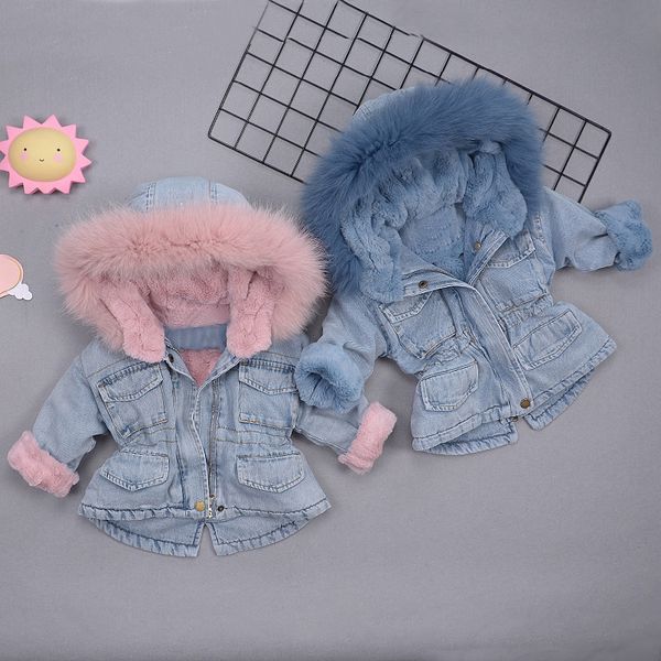 

children's cowboy warm jacket for boys and girls infant baby thicken toddler jackets 1-5y denim plus velvet coat for cold winter lj2011, Blue;gray