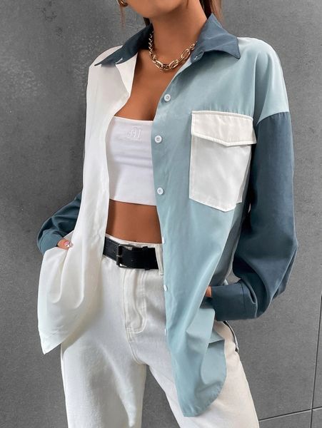 

drop shoulder colorblock graphic flap pocket blouse c4xh#, White
