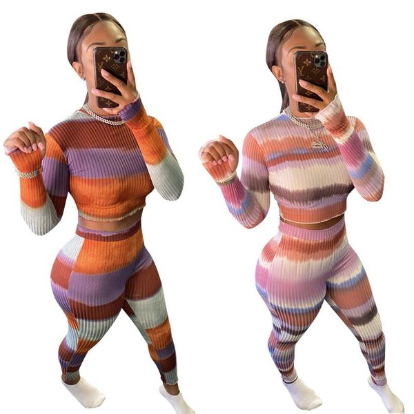 

многоцветная полосатая печать вскользь две части наборы леди осень высокая талия тощий леггинсы o-образным вырезом полное рукав, Gray