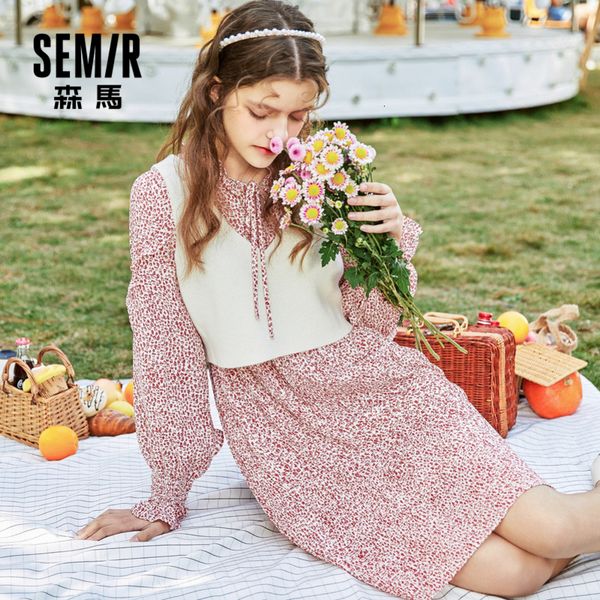 

semir suit women 2020 autumn new knitted vest & floral dress two piece girls lovely clothes set