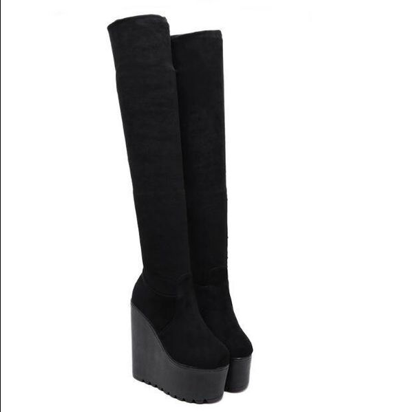 

2020 botas joelho feminino cunha tubo alto com longas finas crianas kwdj, Black