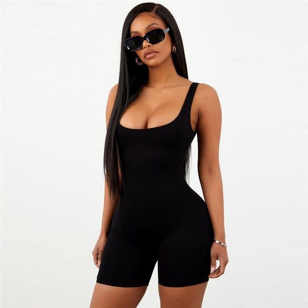

fashion women playsuit sleeveless romper solid color bodycon jumpsuit slim fit short romper streetwear, Black;white