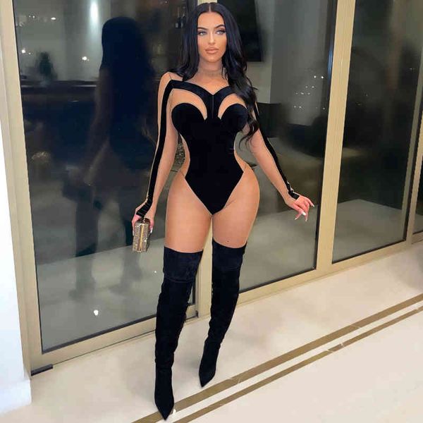 

ladies spring golden velvet mesh stitching fashion long sleeve round neck slim fit long jumpsuit, White