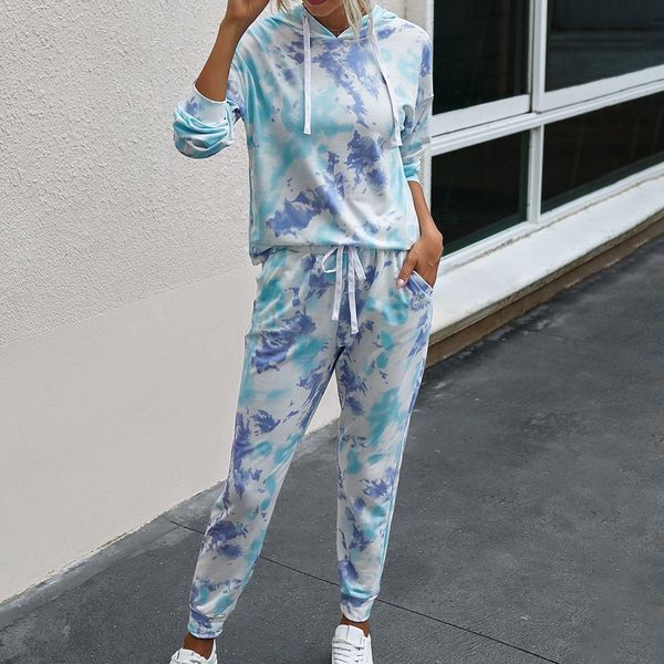 

autumn tie dye printed jogging suits women two pieces drawstring tracksuit sets hoodies 2 piece harajuku casual female sweatsuit