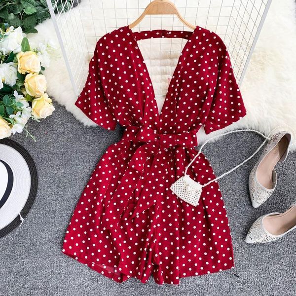 

fashion dot jumpsuits tights women short sleeve v-neck backless bodysuits 2020 new summer ladies vintage overall elegant1, Black;white