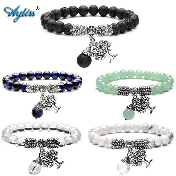 

ayliss 1pc new arrival 8mm bead natural stone bracelet gem stone tree of life lucky charm stretch bracelet 6.2"inches gift box, Black