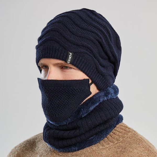 

fashion winter men hat scarf mask set outdoor cycling plush thick warm knitted hat protect face neck wool beanies ski skull cap, Blue;gray