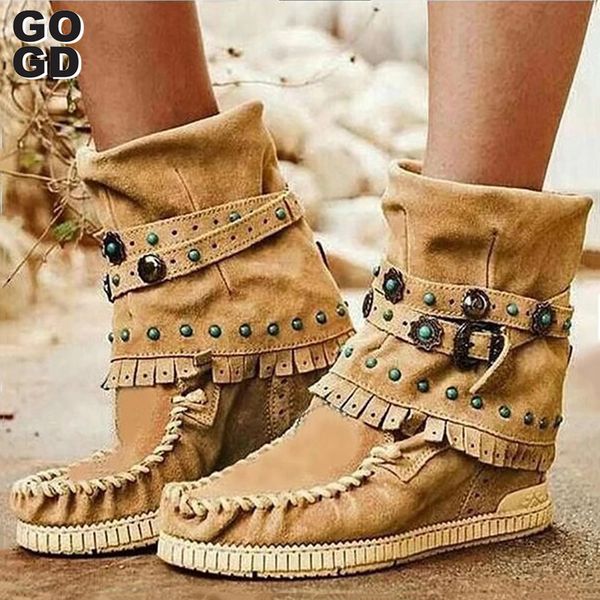 

gogd] женщины лодыжки короткие сапоги кисточки круглый toe пряжки ремень сапоги этнический стиль теплый нескользящие обуви для леди botas 3, Black