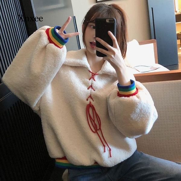 

long sleeve loose womens autumn oversized girls pullover hoodies high street fall cute rainbow streetwear casual sweatshirt, Black