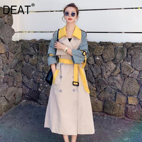 

deat] trench coat women hit color lapel collar slim waist casual patchwork lapel full sleeve long with lined 2020 autumn tu177, Tan;black