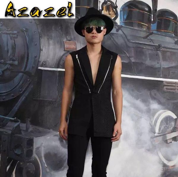 

azazel autumn and winter korean version vests men slim long coat hair stylist nightclub sleeveless windbreaker vest male jackets, Black;white