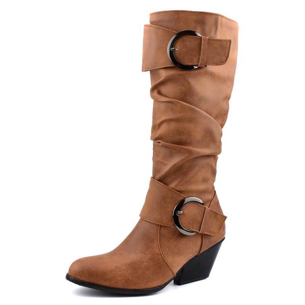 

2020 independent station classic belt buckle high boots with heel sleeves a pedal crumpled women's boots large size, Black