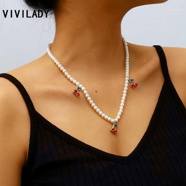 

vivilady cute romantic imitation crystal cherry tassel pendant pearl chain women choker necklace for female birthday jewelry1, Golden;silver